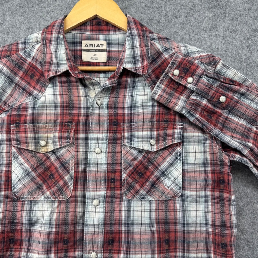 Ariat Western Shirt Mens Large Red Plaid Pearl Snap Retro Fit Long Sleeve